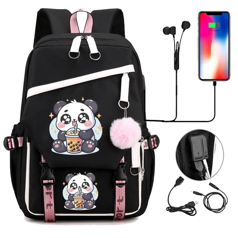 Mochila casual com design panda para estudantes, bolsa de nylon, chá boba, anime, kawaii, moda, viagens, faculdade, laptop, usb