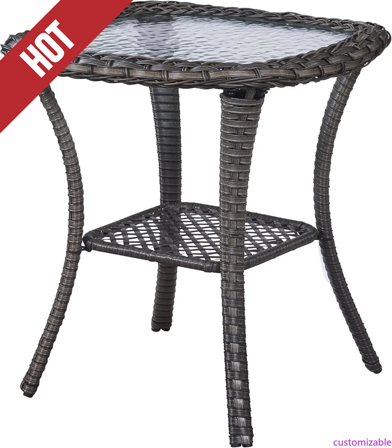 

Customizable-Patio Tables Wicker Side Table - Rattan Coffee Table With Glass Top End Table For Outdoor Outside Patio Porch Squar