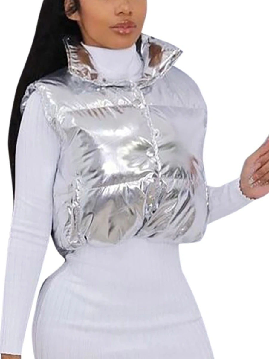 Women s Cropped Puffer Vest Winter Metallic Silver Stand-Collar Button Down Sleeveless Jacket Waistcoat for Outdoor