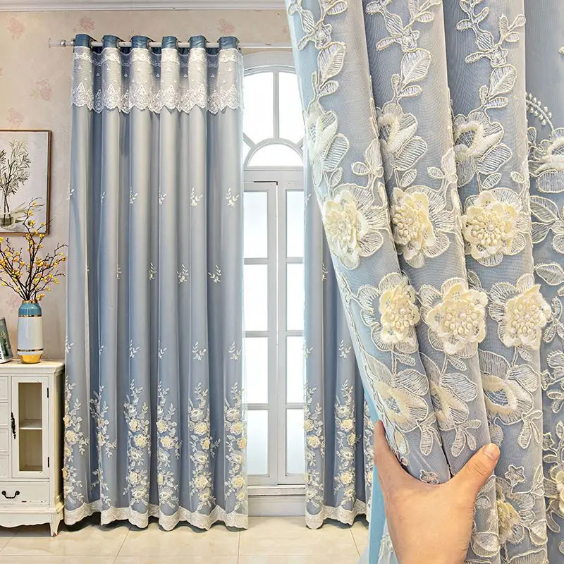 Double Layer Curtain Embroidered Tulle + Blackout Thermal Drape for Living Room Bedroom Luxury Floral Lace Window Treatment
