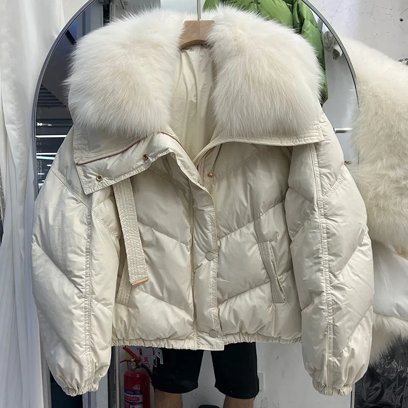 Chaqueta de plumón de pato blanco para mujer, Parka holgada con cuello de piel de zorro Real grande, abrigo corto y cálido para invierno, 2023,