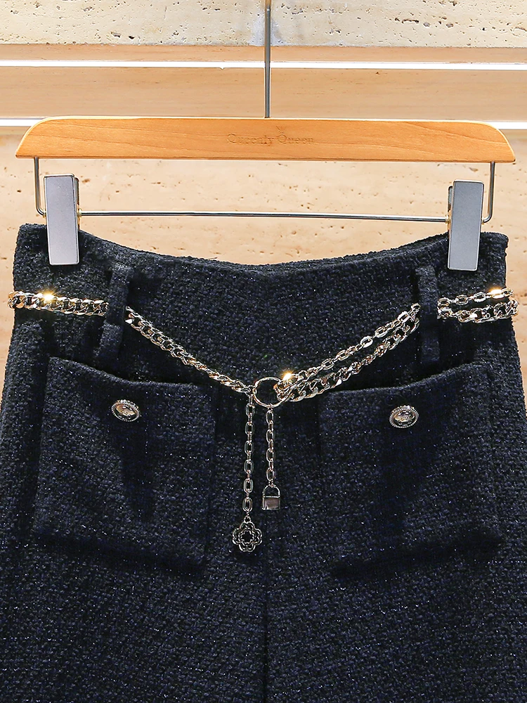 กางเกงขายาวทรงขากว้างสไตล์ลำลองสำหรับผู้หญิง ดีไซน์โซ่ ผ้าขนสัตว์ผสมโพลีเอสเตอร์ ให้ความรู้สึกพรีเมียม รุ่น M Home Nan You