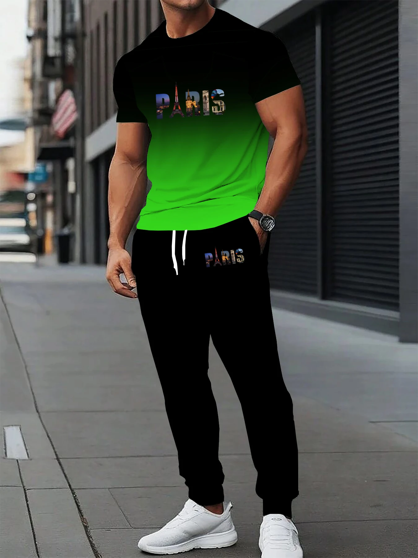 

Men's casual short sleeved T-shirt long pants set with round neck design slightly elastic fabric with pockets summer casual wear