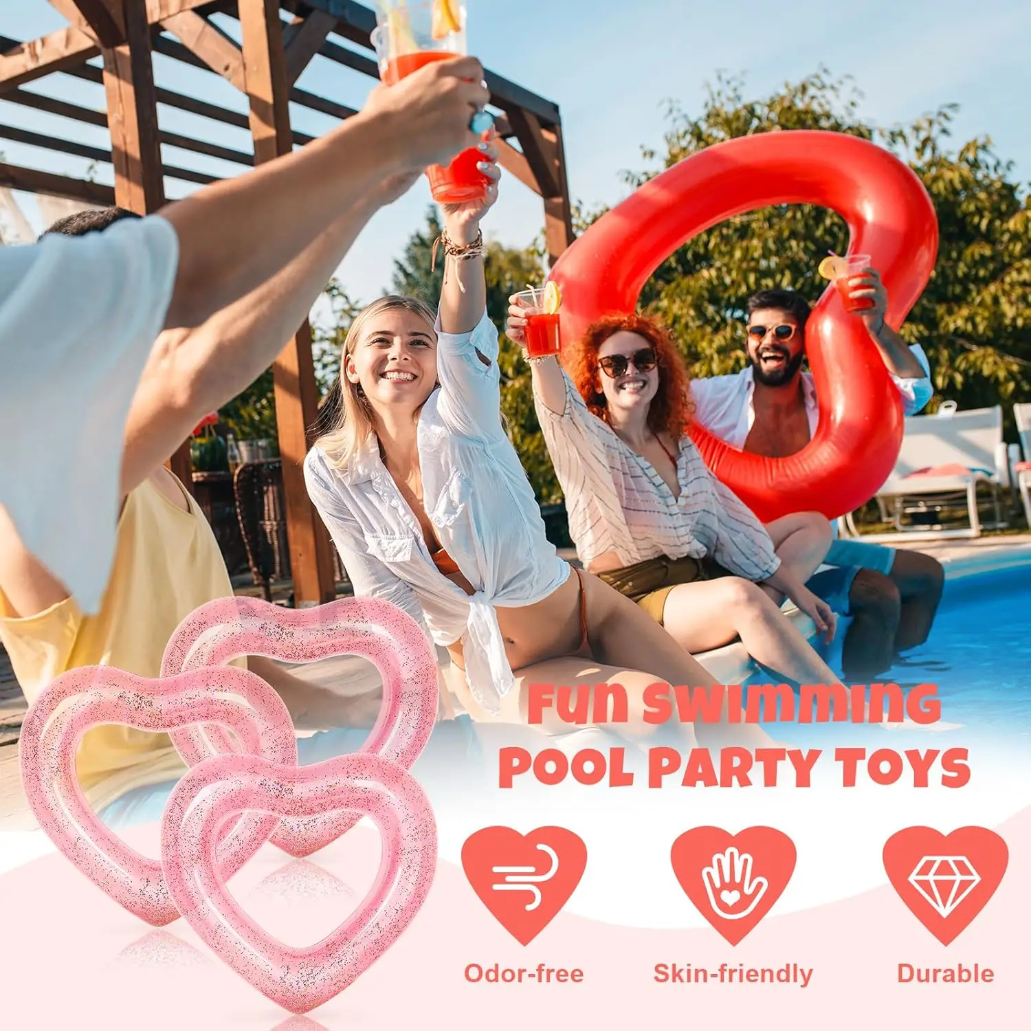 Flotteur gonflable en forme de cœur pour piscine, 3 pièces, anneaux de piscine, Tube pour chaises longues