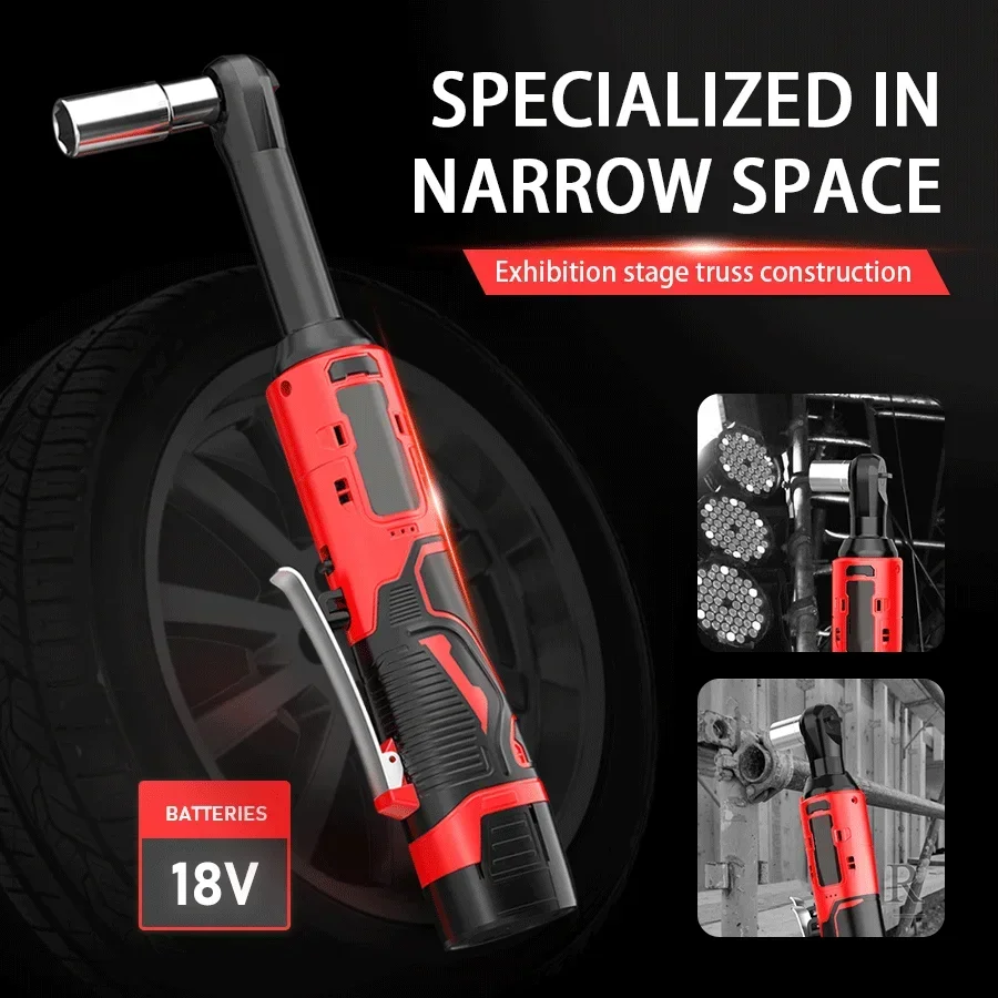 

Extended 18V Electric Ratchet Cordless 90 Degree Right Angle Large Torque Lithium-Ion Auto Repair Special Auto Repair Tool Set