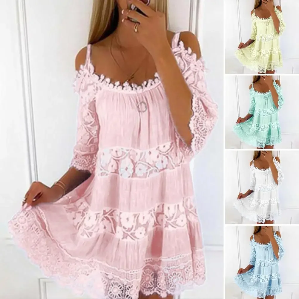 Embroidery Crochet Lace Cold Shoulder Mini Dress Women Scoop Neck Half Sleeves Mid-Rise Loose Fit Summer Dress Lady Beach Dress