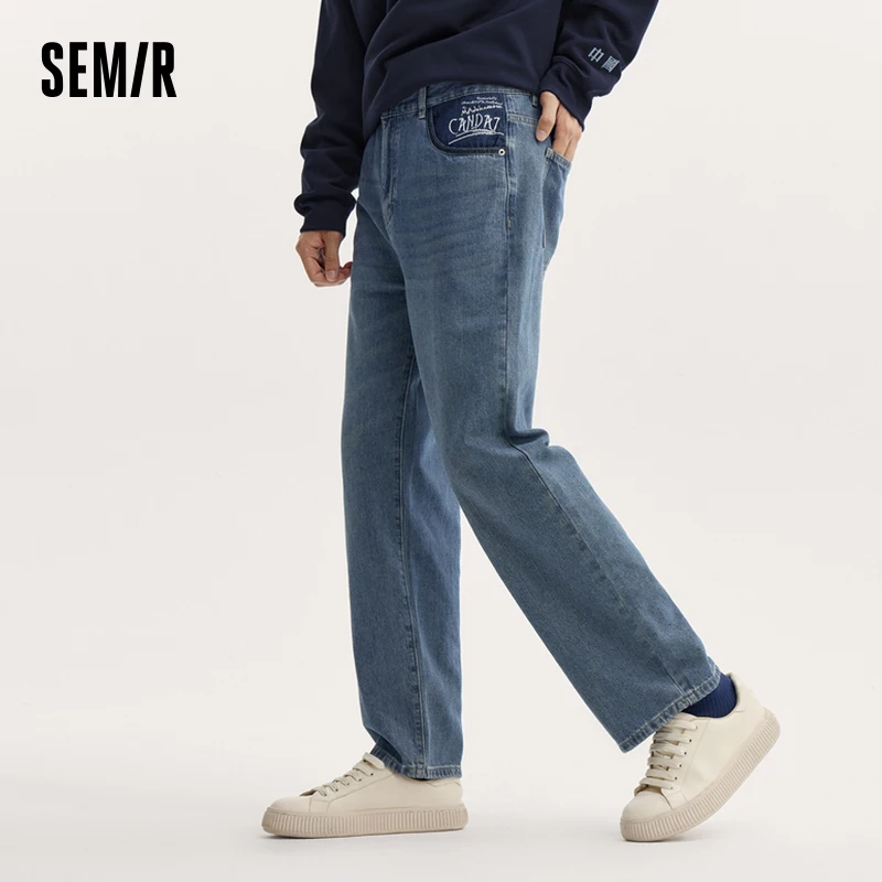 Semir Jeans Men 2024 Autumn New Fashion Textured Embroidery Loose Straight Long Pants Popular Wide-Leg Pants