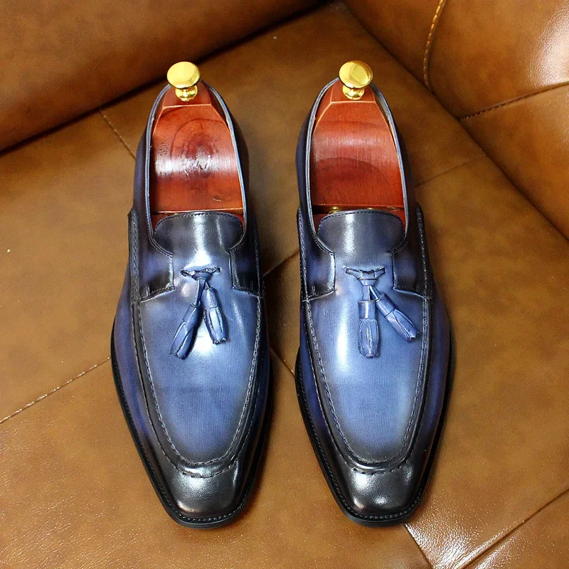 Big Size 6-13 Fashion Mens Tassel Loafers Shoes Men Vintage Genuine Leather Dress Shoes For Men Business Party Wedding Shoes