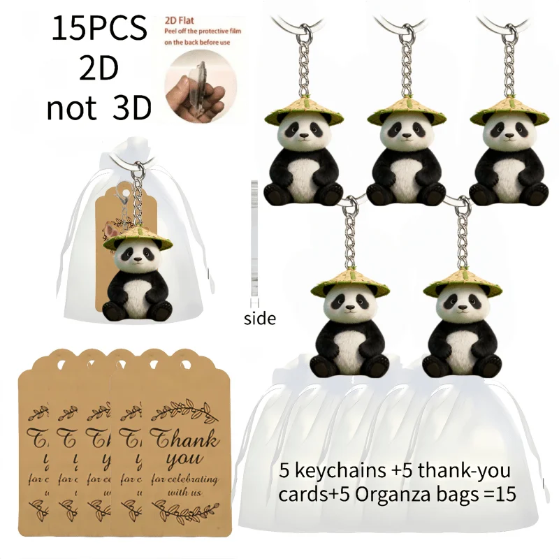 5sets Cool Panda Keychains Including 2D Acrylic Pendant & Thank You Cards & Yarn Bags Decoration Gift for Friends Family Sisters