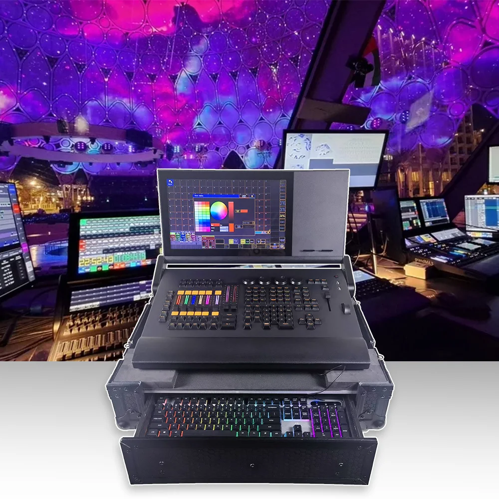 fader eletrico com rgb back lighting command wing touch screen i7 feixe de cpu controlador a2 luzes do palco dmx console flight case mais novo 01