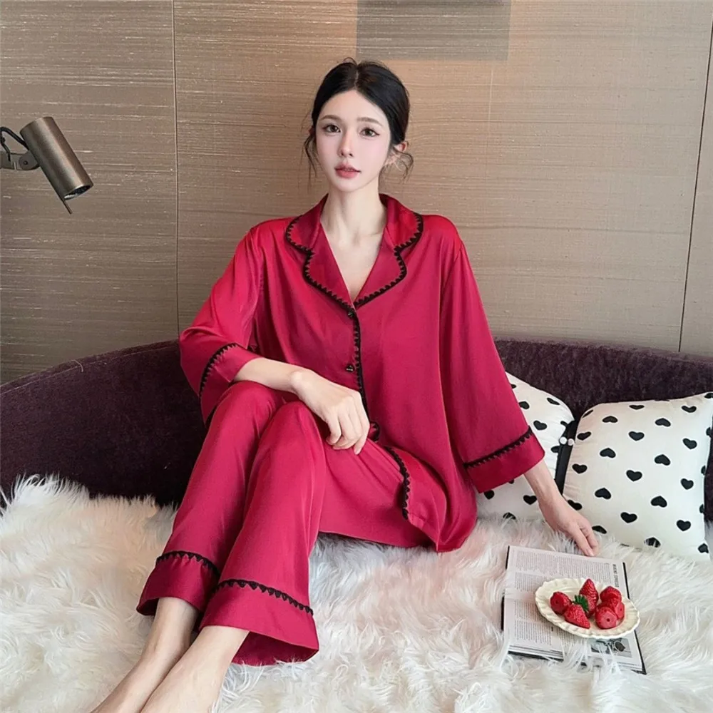 Solid Color Pajamas For Women Satin Long Sleeve Lapel Sleepwear Pajama Pants Home Clothes Nightwear Pyjama Femme Lounge