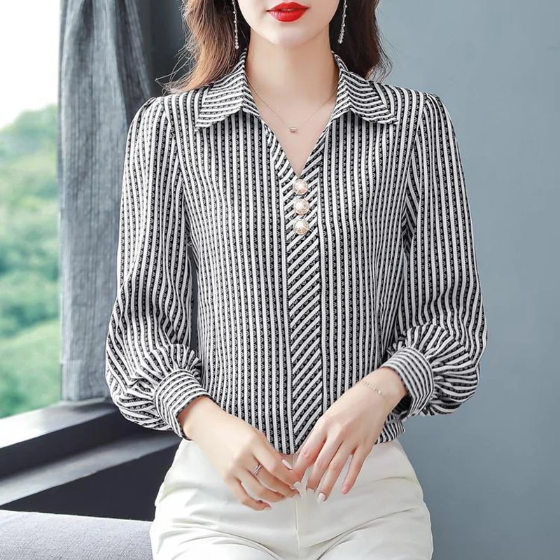 Striped Print Elegant Korean Fashion Office Lady Business Casual Shirt Spring Autumn Long Sleeve Top Blouse Women Blusas Clothes