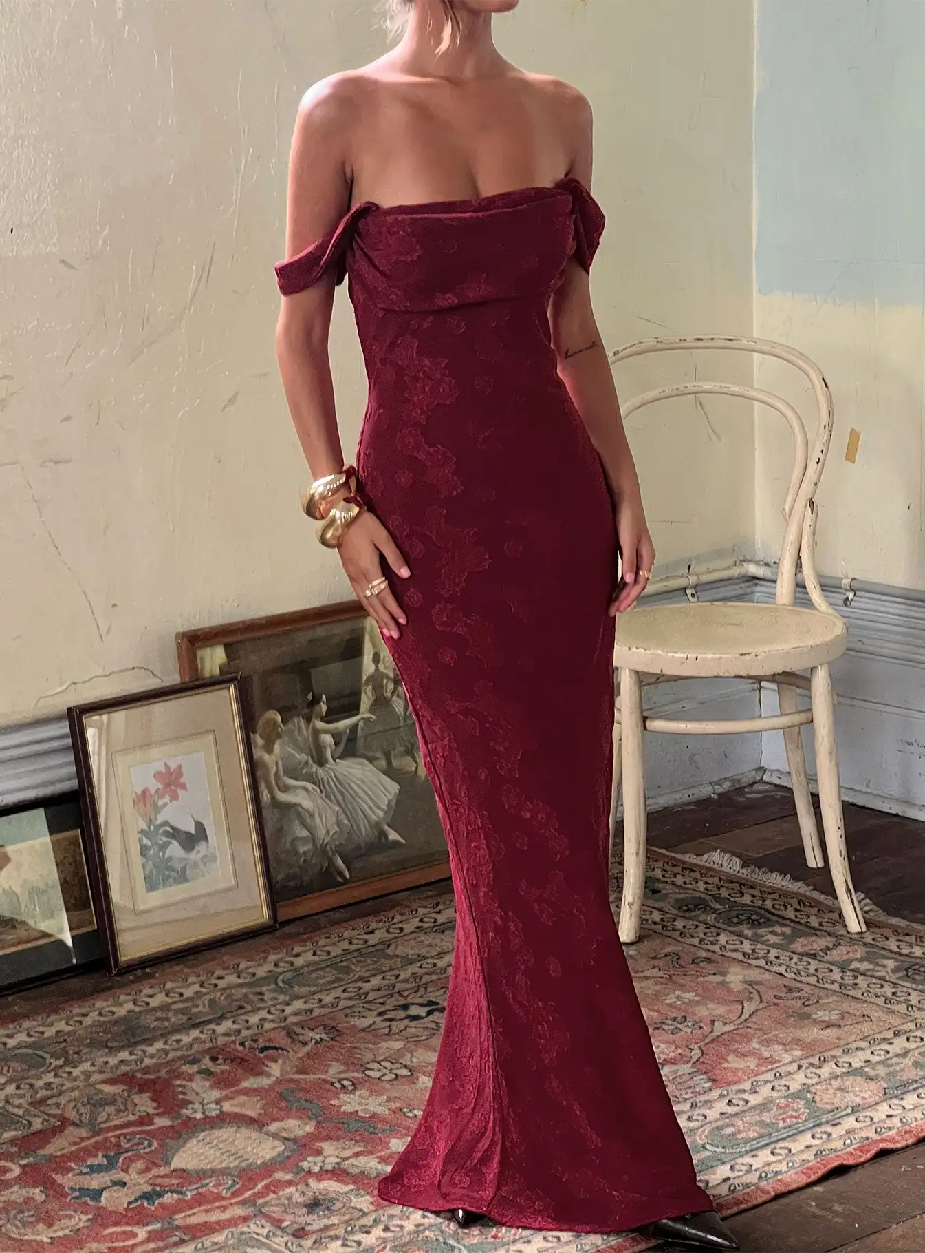 

Vintage Red Off Shoulder Jacquard Bodycon Mermaid Dress French Luxury Evening Gown Sexy Slim Long Maxi Dress