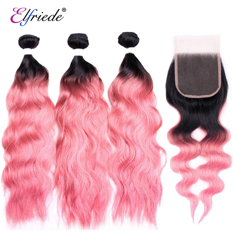 Elfriede-Mèches naturelles ondulées rose ombré # T1B, tissage de cheveux humains avec fermeture en dentelle 4x4, 3 lots