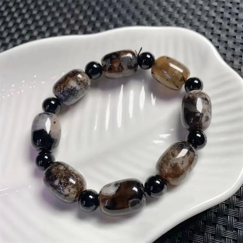 

12MM Natural Black Flower Agate Bucket Beads Bracelet Fashion Reiki Gemstone Round Beads Jewelry Couple Holiday Gift 1PCS