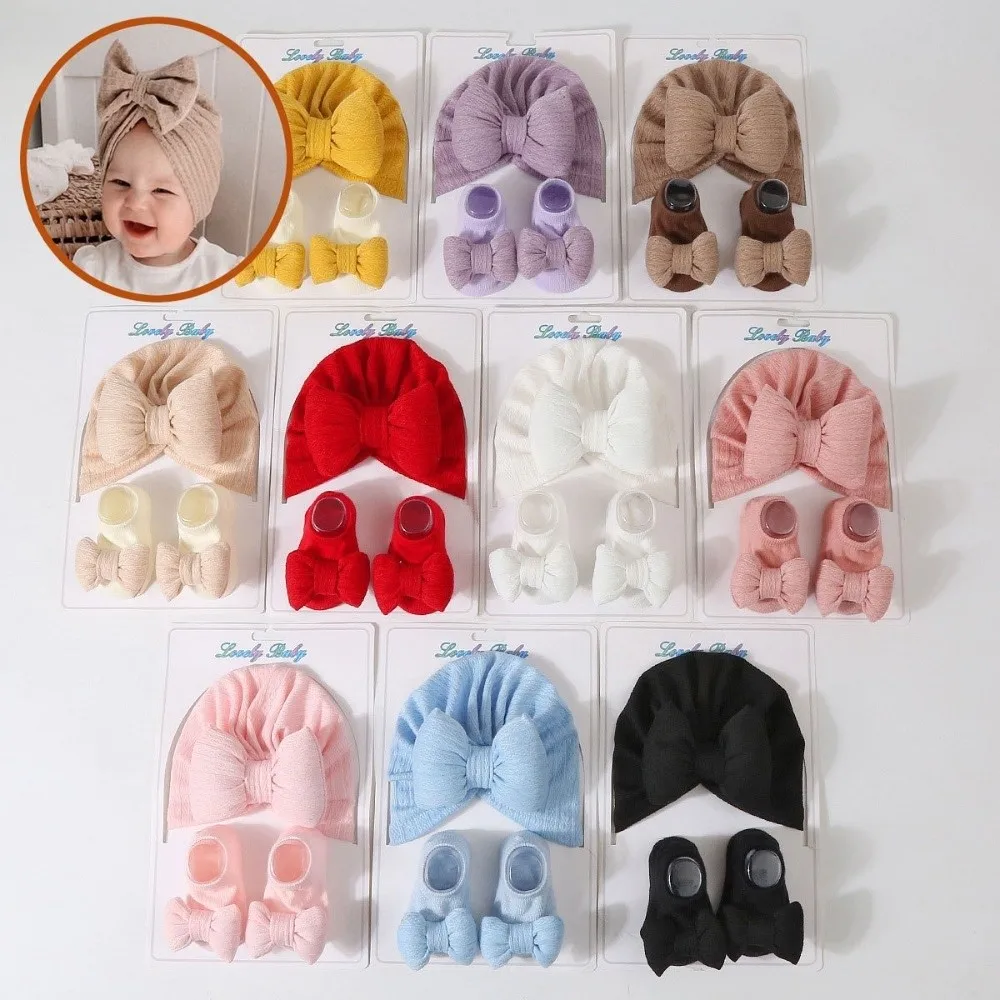 

3Pcs/Set Cute Bow Baby Hat Socks Set 0-12 Months Cotton Baby Fetal Cap Windproof Elastic Newborn Turban Hat Toddler