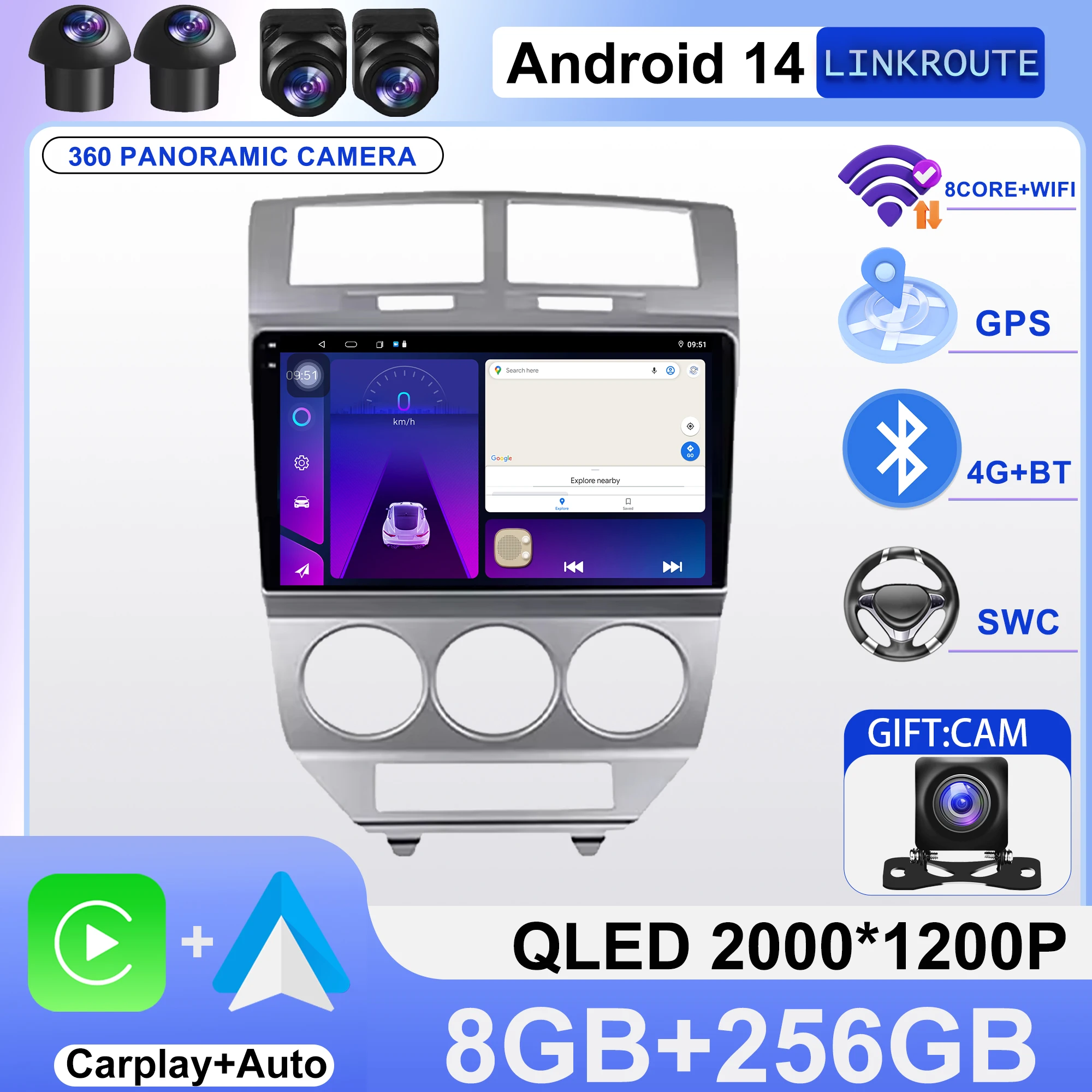 Car Radio For Dodge Caliber 2007 - 2010 GPS Navigation Multimedia Stereo Player Rear Camera 5G WIFI BT Android Auto No 2din DVD