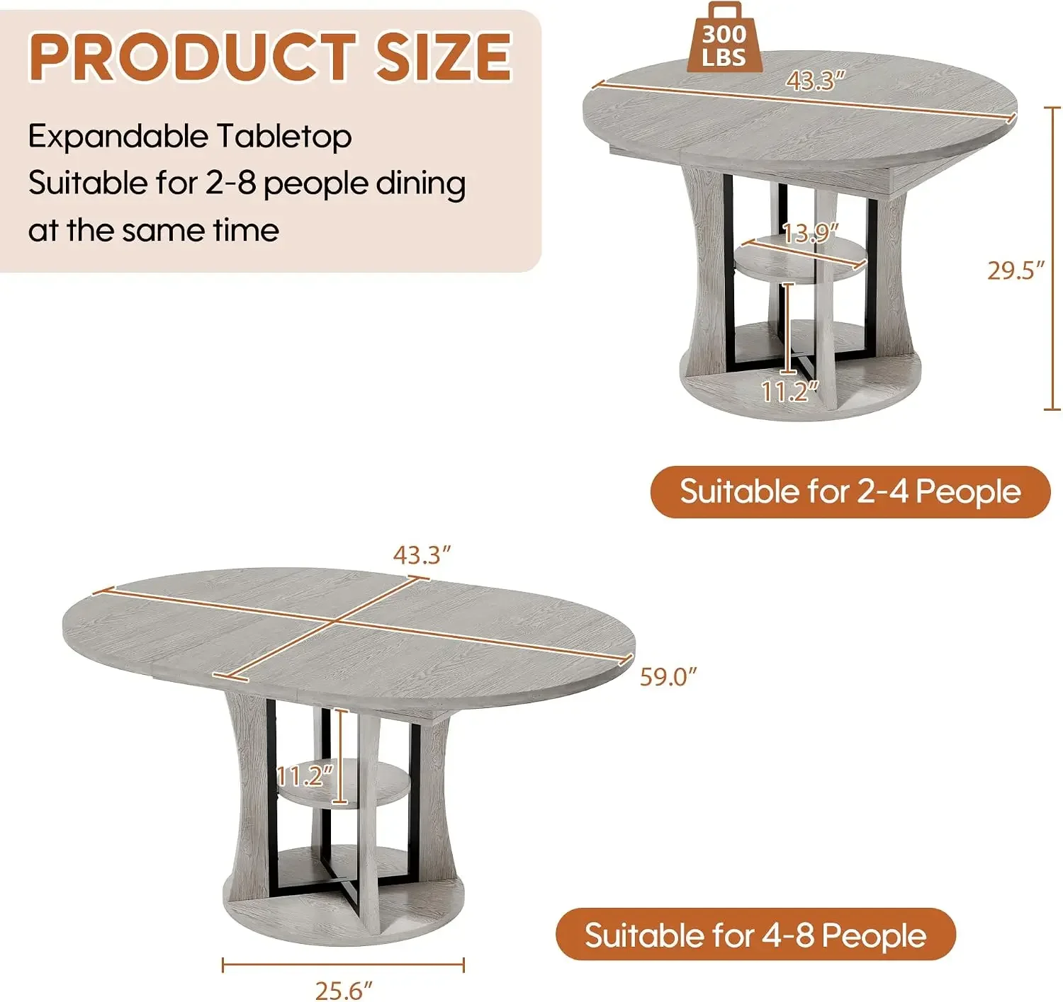 43.3''-59'' Extendable Round Dining Table for 4-8, Expandable Kitchen Table with Storage Shelf, Space Saving Circle Kitchen Tabl