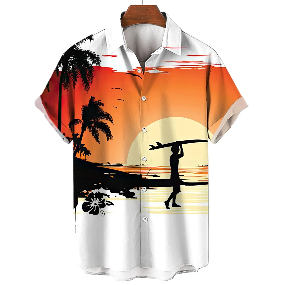 Camisa havaiana masculina e feminina de surf, moda casual, camisas de mangas curtas, tops de botão de lapela, roupas unissex extragrandes, impressão