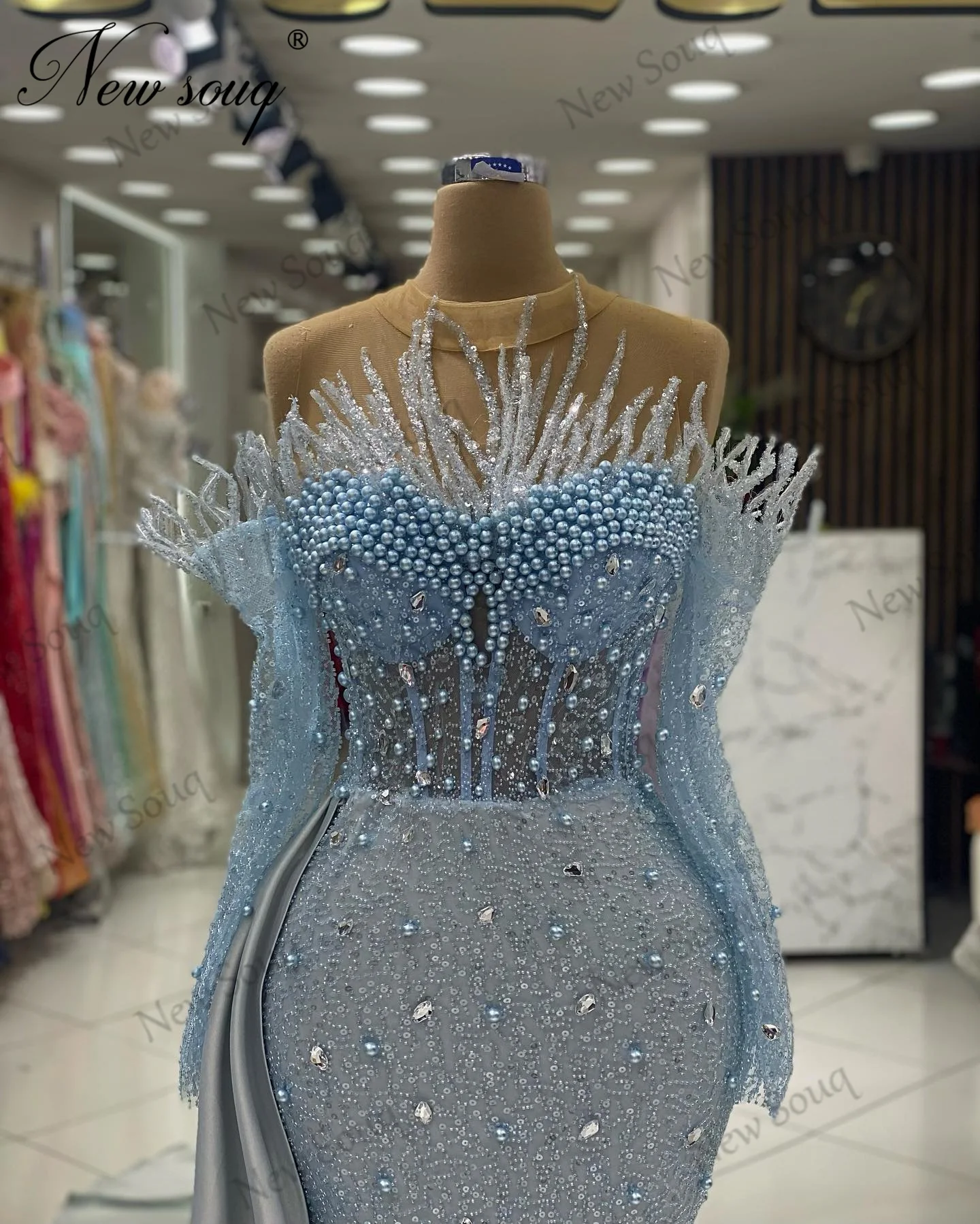 Robes De Soiree Blue Beading Prom Dress With Detachable Skirt Haute Coutures Off Shoulder Birdal Party Gowns Evening Dresses