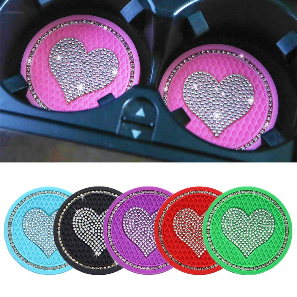 

2PCS Heart Shape Car Diamond Coaster Water Cup Slot Non-Slip Mat Silica Pad Cup Holder Mat Auto Interior Decoration Accessories