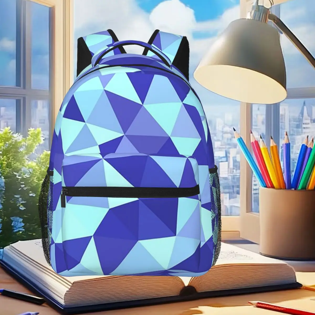 

Blue Triangles Shiny Diamonds Geometric Crystal Backpack Student Boys Girls BookBag Children School Bag Laptop Shoulder Bags