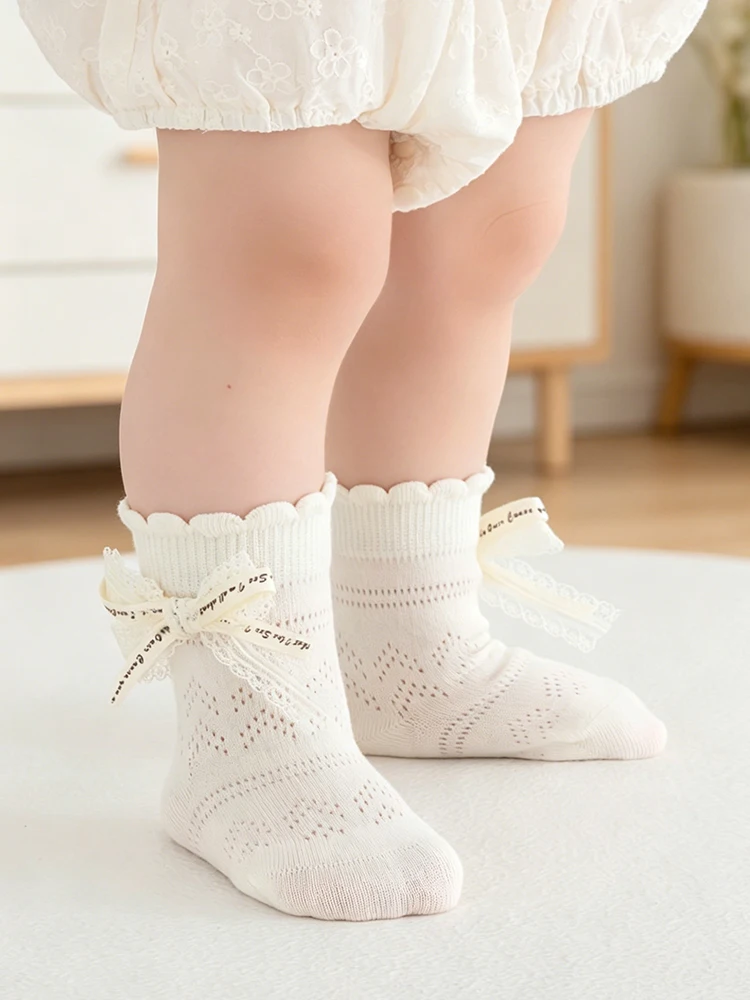 3 Paar Baby-Socken für Mädchen, Sommer-Mesh-Socken, atmungsaktiv, für Kleinkinder, Prinzessinnen-Socken, mittellange Socken für Neugeborene, niedliche süße Spitzen-Socken mit Schleife für Kleinkinder – Detail 2
