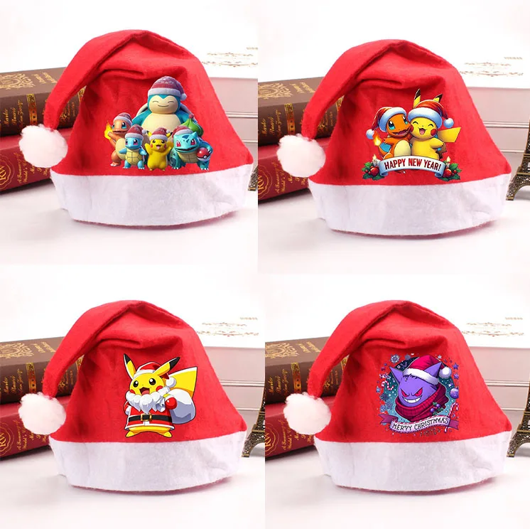 pokemon Christmas Hats Pikachu Gengar Adult Child Accessories Cartoon Anime Graphic Print Caps Holiday Party Decorations Gifts