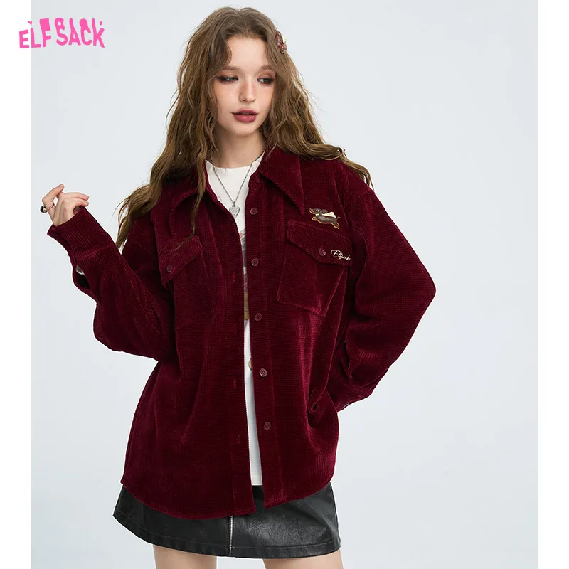 ELFSACK 2024 Winter New Arrivals Vintage burgundy corduroy shirt jacket for women