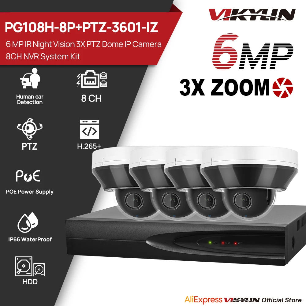

VIKYLIN 6-мегапиксельная 3-кратная зумная система PTZ-камеры, комплект MD2.0, микрофон, запись звука, 8POE NVR, видеонаблюдение, наружное домашнее видеонаблюдение H.265
