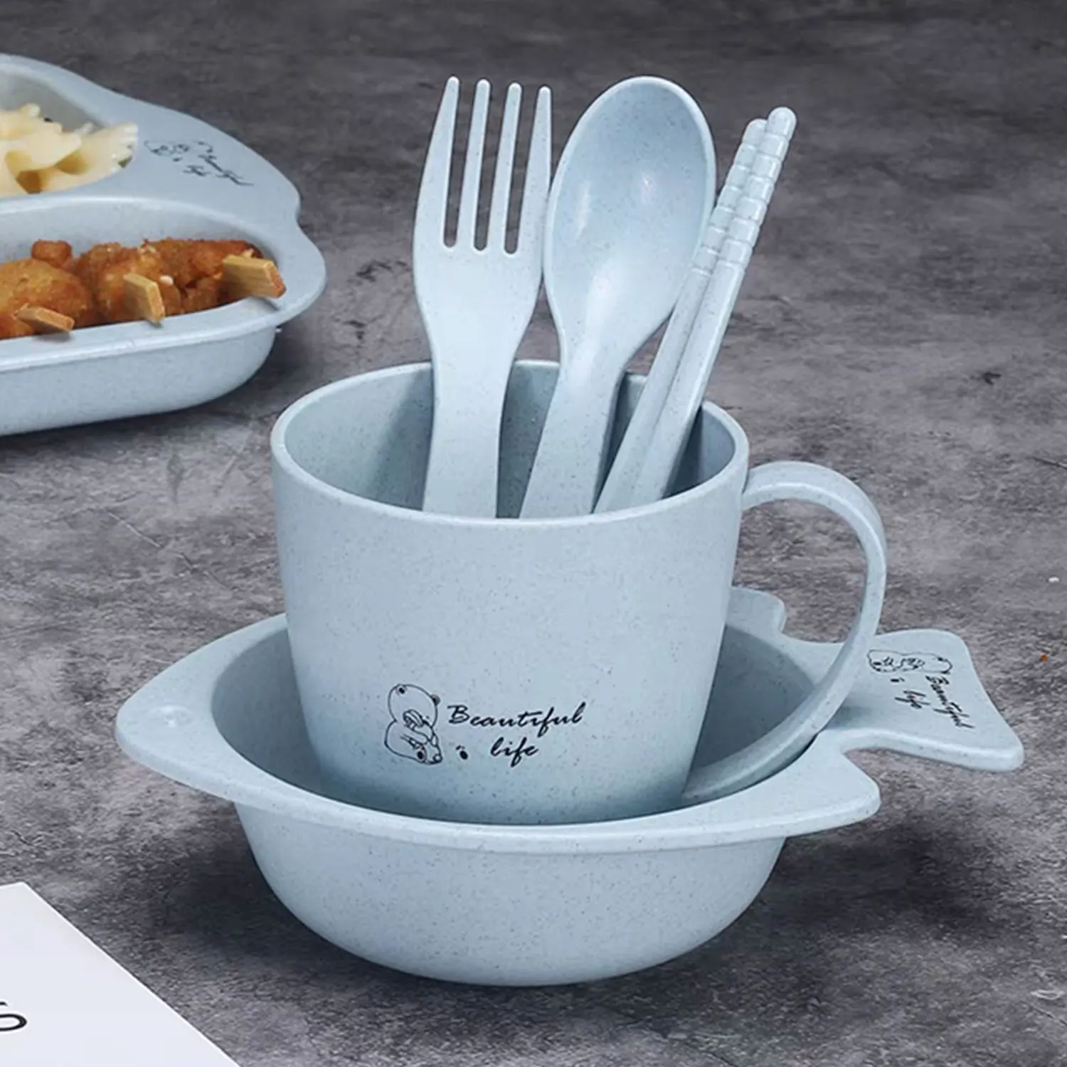 6Pcs/ Set Children's Tableware Set Cartoon Plate Wheat Straw Children's Tableware Anti-scald Training Food Bowl Spoon Fork image 2