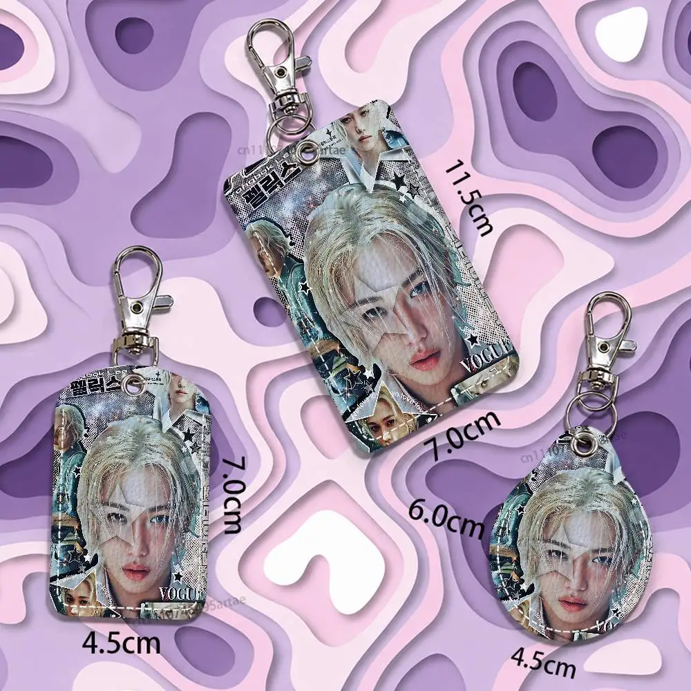 F-Felix Lee S-SKZ Rectangle ID Card Case Keychain Access Card Bag Key Tag Ring Leather Card Holder Key Ring view 5