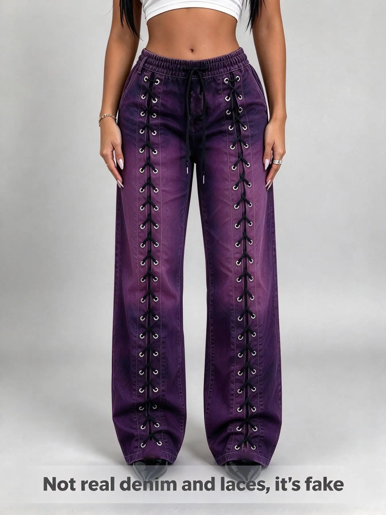 Women Low Waist Wide Leg Sweatpants Faux Denim Lace Up Print Elastic Drawstring Casual Trousers With Pockets