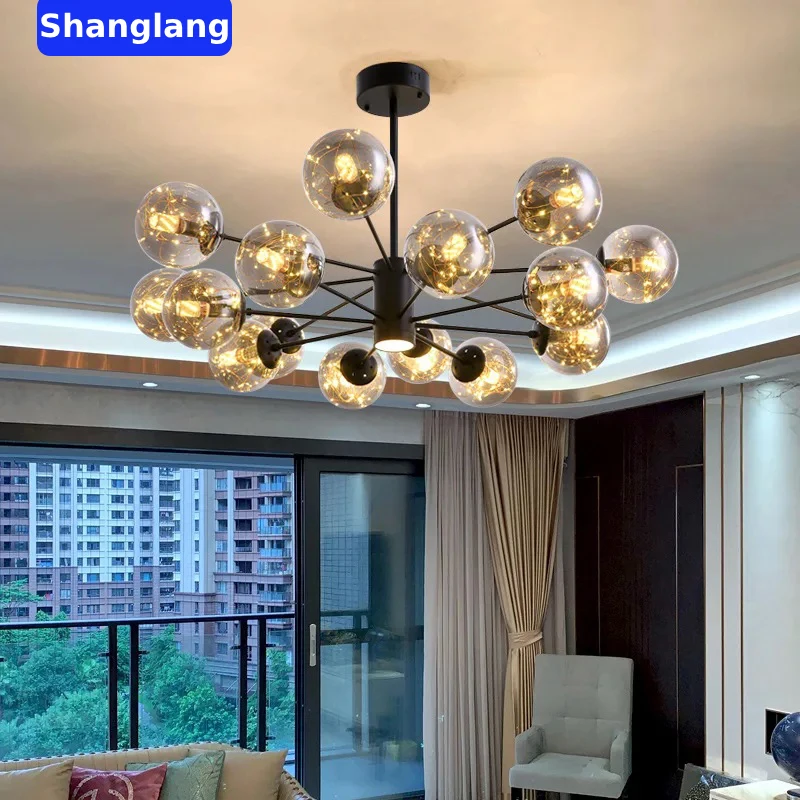 Modern Nordic LED Chandeliers For Living Room Bedroom Decoration Black Luxury Glass Ball Ceiling Pendant Lamp Dimmable Fixture