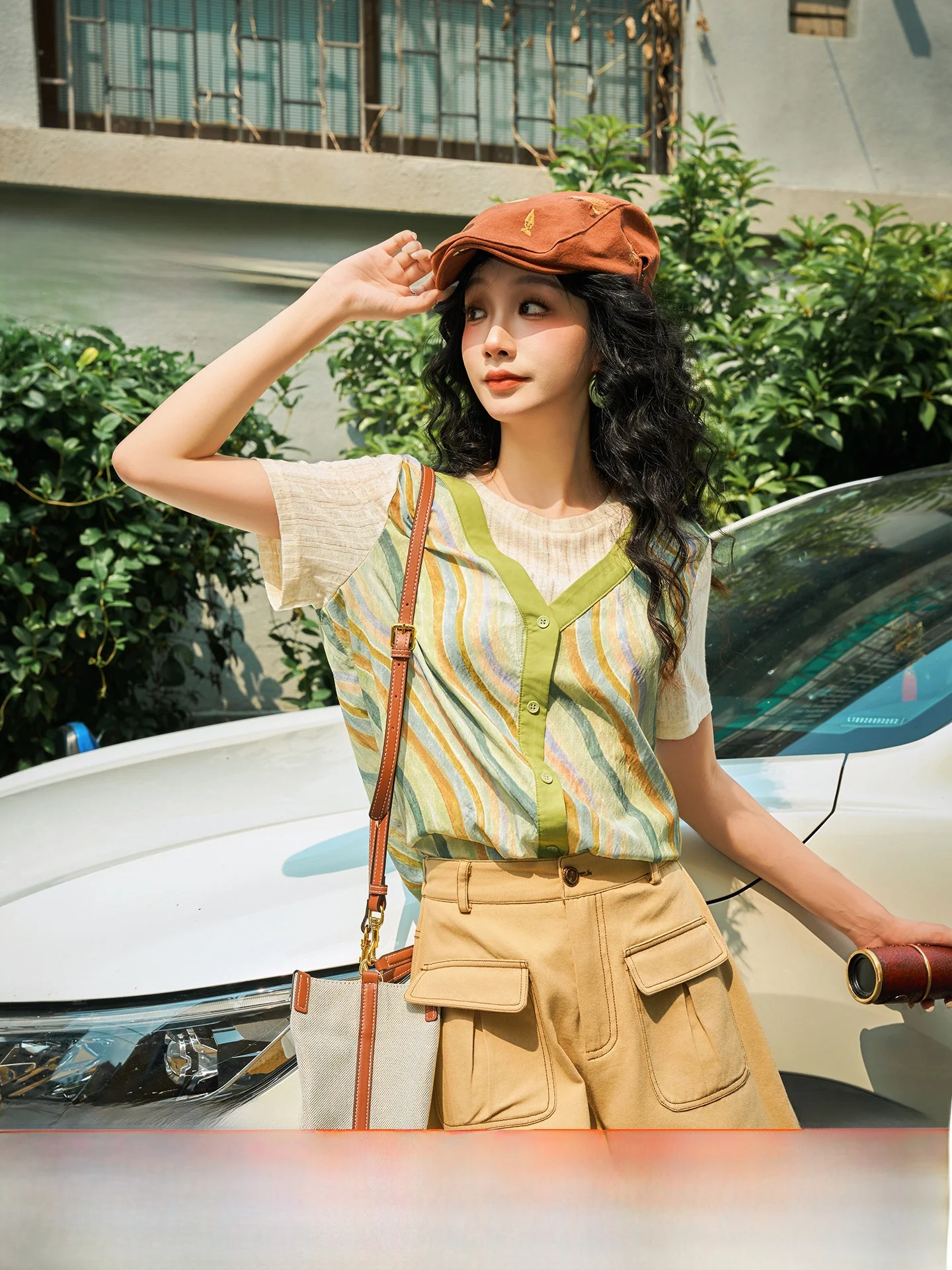 

Casual Summer Wave Pattern Two-Piece Look T-Shirt Women's Short Sleeve Splice Design Breathable Cotton Blend round Neck Top