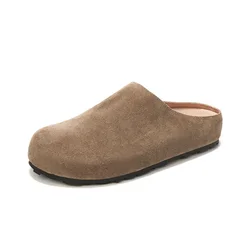 Genuine Leather Slippers Women Outside Baotou Half Slippers Female Cow Suede Leather Women Slippers Flat Bottomed Sandals Women