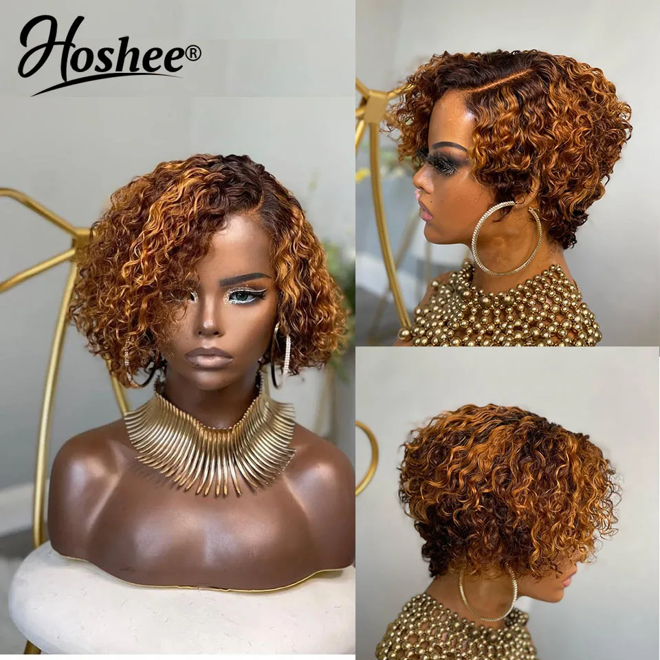 Ombre Brown Curly Human Hair Wig Short Pixie Cut Bob Wigs 4x4 Lace Closure Wigs Kinky Curly 13x4 Lace Frontal Wigs Human Hair