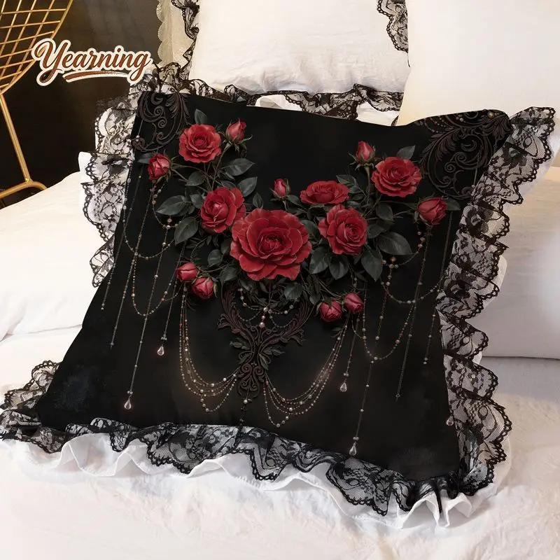 

Dark Night Rose Gothic Pillow, Ruffle Edge Washable Cotton Cushion for Living Room Bedroom Home Decor