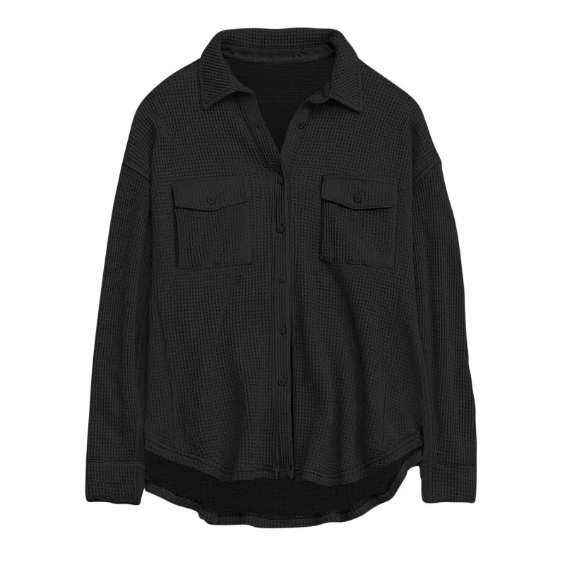 

2025European and American Style Women's Pocket Shirt Solid Color Casual Loose Long Sleeve Waffle Texture Top