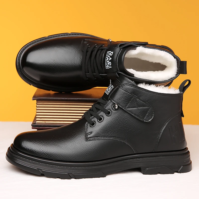 Men's High Top Shoes Sell Well Winter Plush Cotton Shoes Thick Soled Wear-resistant Classic Black Men's Business Casual Shoes