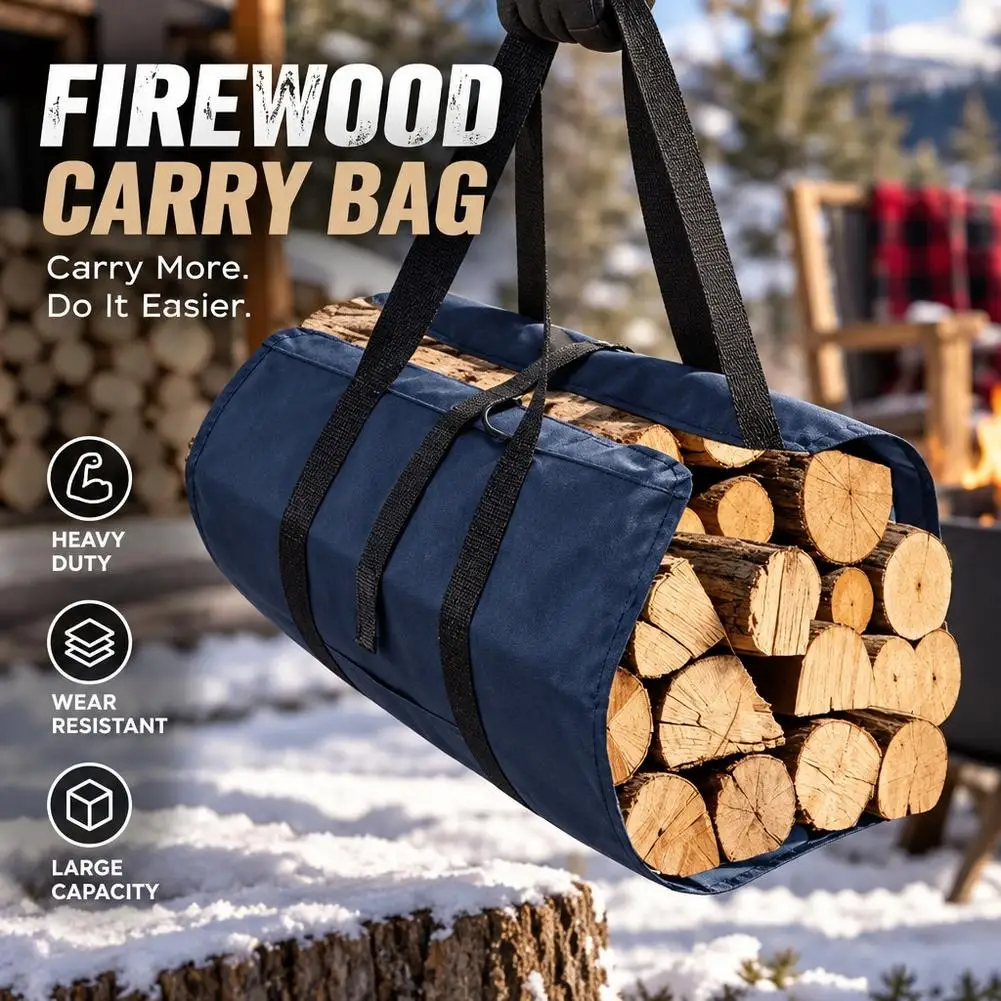 Firewood Log Carrier Bag Heavy Duty Oxford Cloth 30kg Load Capacity Timber Hauling Tote with Double D Ring Straps Padded Handle