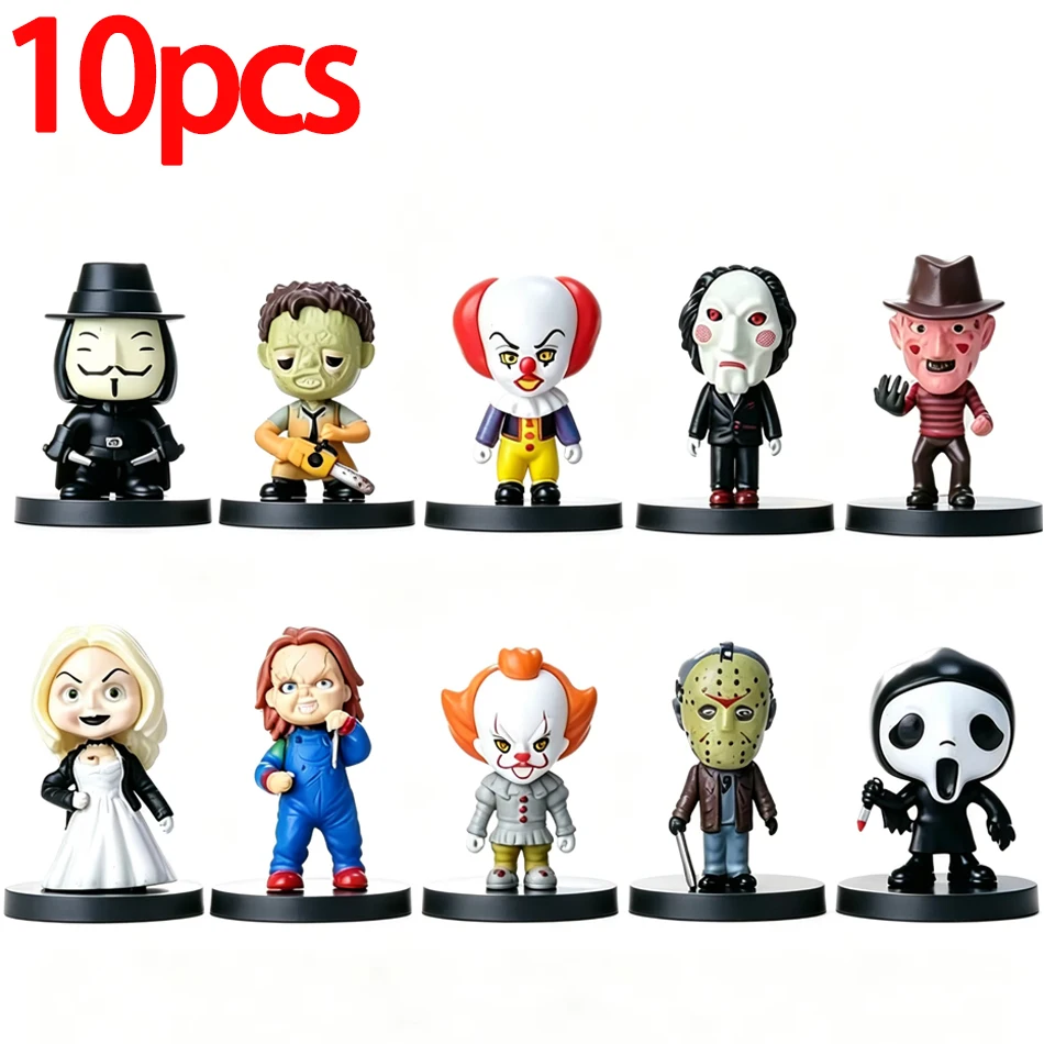 10 Stück Anime Joker Figuren Horrorfilm-Serie Chucky Freddy Jason PVC Actionfiguren Modell Weihnachts- und Halloween-Geburtstagsgeschenk