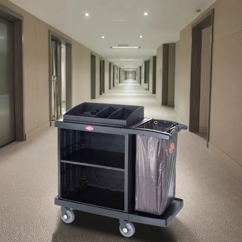 Black Folding Hotel Laundry Cart Trolley Plastic Room Attendant with Wheels for Housekeeping & Cleaning Without Door