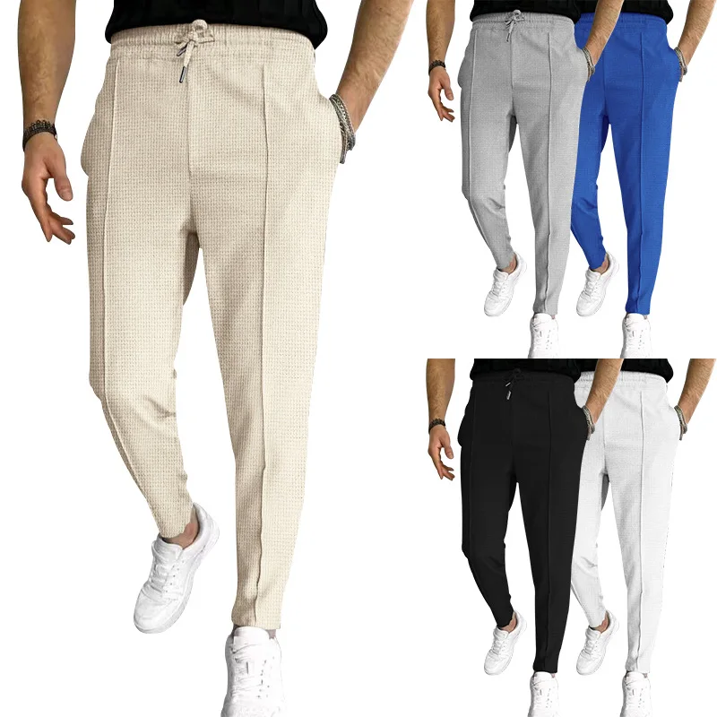 

Autumn Men's Casual Pants Waffle Drawstring Elastic Sports Straight Long Pants Men Trousers Solid Color Fashion