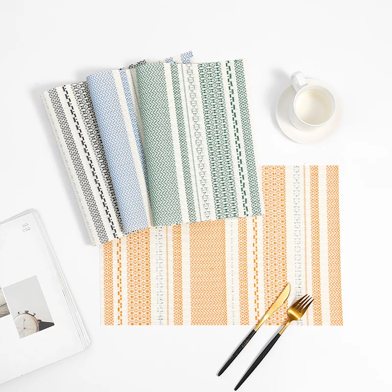 Teslin PVC Weave Placemat with Simple Bright Silk Stripe Insulation Pad Durable Colorfast Anti Slip Dining Table Decoration Mat