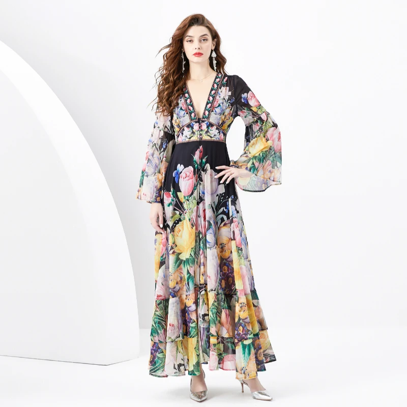

Spring and Summer-Retro Deep Sleeve Wave Wide Swing Painted Print Long Dress