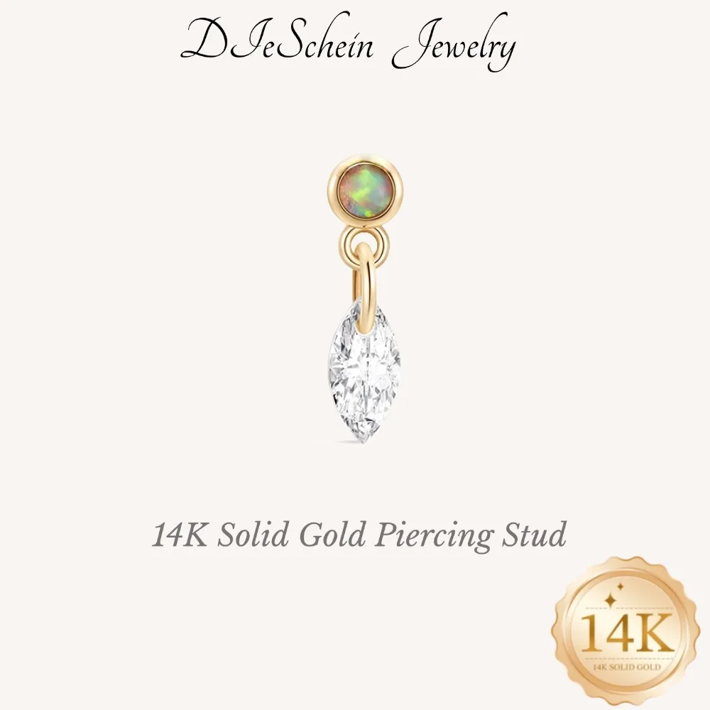 DIeSchein 14K Solid Gold Helix Piercing Earrings  Women Moss Agate Opal Flat Back Stud Earrings for Helix Tragus Daith Piercings