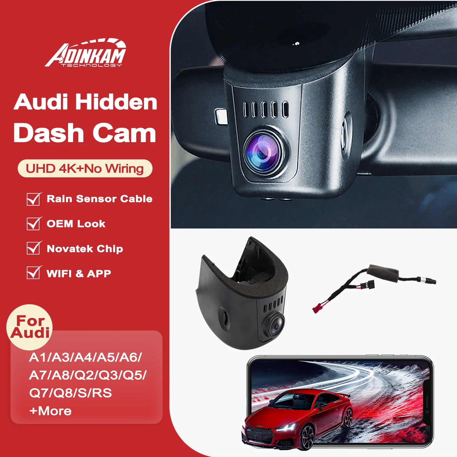 Adinkam 4K Plug And Play Hidden Dash Cam For Audi WIFI &APP 2019-2024 A1 A3 A4 A5 A6 A7 A8 Q2 Q3 Q5 Q7 Q8 RS S S5 S8 SQ5 SQ8 TT