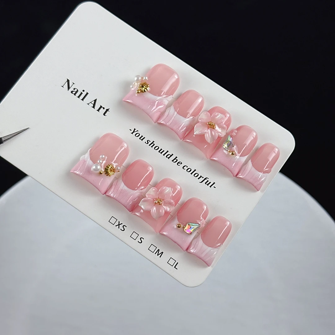 10 Stück hochwertige, rosa Mädchen-Stil, handbemalte dreidimensionale Gravurmuster, Perlen und winzige Diamanten, handgefertigte künstliche Nägel. – Detail 8