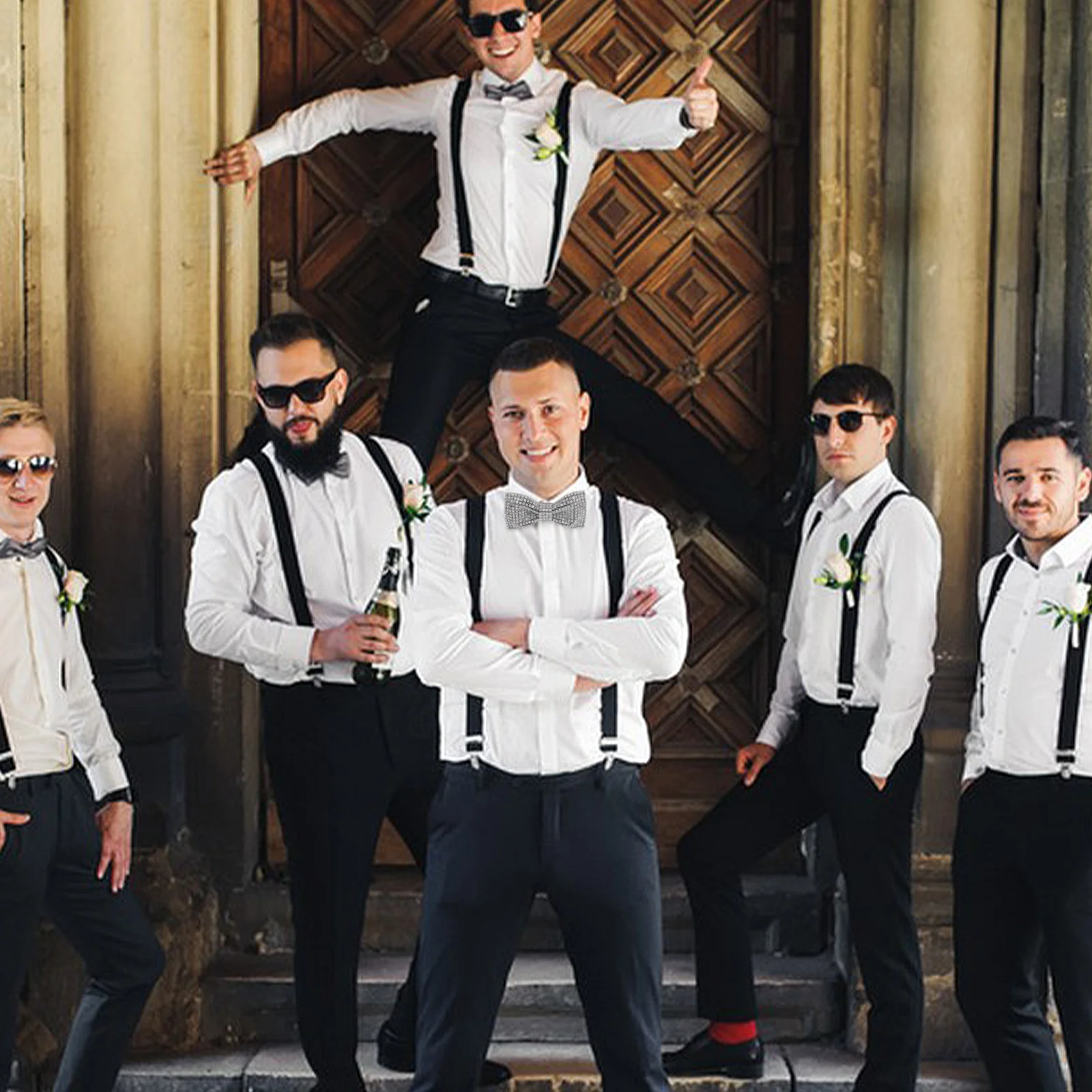 

Men'S Double Layer Rhinestone Bow Tie Adjustable Sparkly Design For Wedding Groom Banquet Party Silver